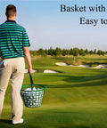 Person carrying a Golf Ball Basket With Handle Green Ball Bucket Holds Up To 25 Balls For Practice And Training on a golf course