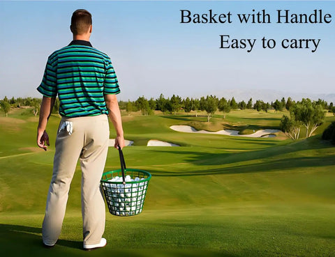 Man holding Green Golf Ball Basket With Handle, Holds Up To 50 Balls, Solid Ball Bucket Container on golf course
