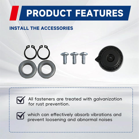Beefed Up 300mm Steering Wheel Steel Kit accessory components display with fasteners for rust prevention and vibration absorption.
