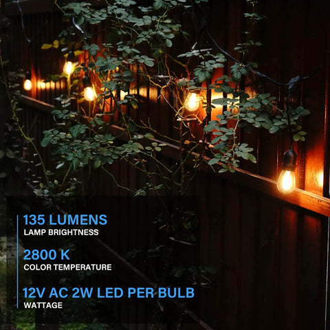 Warm White 50ft Low Voltage String Lights With 10 2W Bulbs, 135 Lumens Each, 2800K along garden fence at night