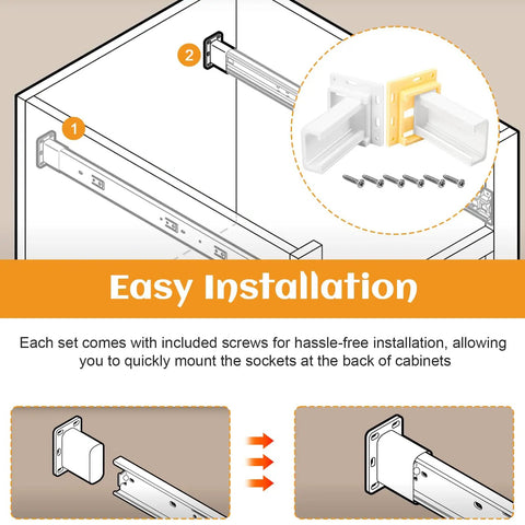 Heavy Duty RV Drawer Slides Rail Bracket For One Inch Channel With Four Way Adjustable Base showing easy installation steps and screws.