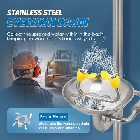 Heavy Duty Combo Safety Shower And Eyewash Station with stainless steel basin for quick drainage and effective emergency response.