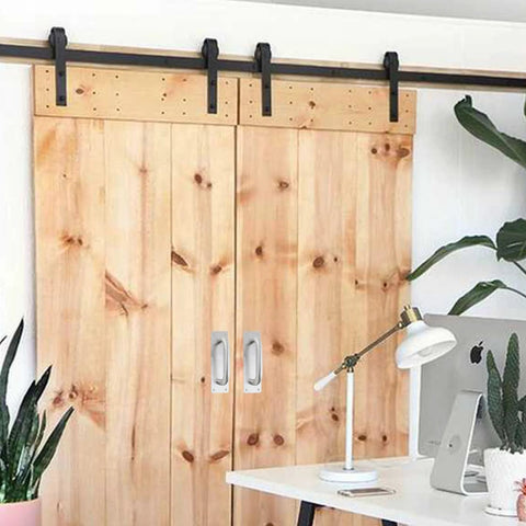 Stainless Steel Door Pull Handle With Plate Heavy Duty Barn Door Hardware installed on wooden sliding doors in office setting.