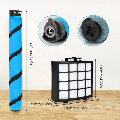 Soft Brush Roll Replacement And Filter Kit For Vertex DuoClean PowerFin Upright Vacuum AZ2002 AZ2000 AZ2000W, dimensions shown