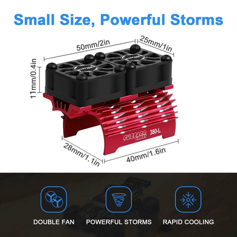 Twin 25mm RC Motor Cooling Fans With Metal Heatsink dimensions diagram for 28mm Brushless Motors, shown in red and black.