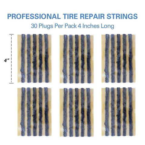 Heavy Duty 30 Piece Tire Repair Plugs For Tubeless Tires Ironclad Black Rubber Patch Strips displayed in packs of 30, each 4 inches long.