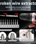 Broken wire extractor set showcasing various drill bits, unscrewhead, and take screw head for efficient wire extraction.