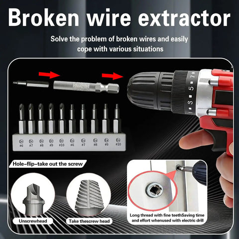 Broken wire extractor set showcasing various drill bits, unscrewhead, and take screw head for efficient wire extraction.