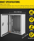 Built Like A Tank IP66 Waterproof Steel Electrical Enclosure For Outdoor Projects, showing dimensions and open view.