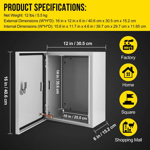 Built Like A Tank IP66 Waterproof Steel Electrical Enclosure For Outdoor Projects, showing dimensions and open view.