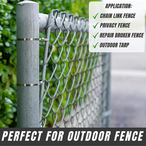 Heavy Duty Stainless Steel Zip Ties 11.8 Inch 200 Pack 304 Self Locking Cable Ties securing a chain link fence
