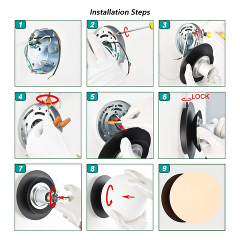 Installation steps for Matte Black Modern Globe Wall Sconce 1 Light With Opal Glass Shade for various room settings.
