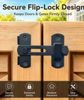Hella Durable 180 Degree Flip Barn Door Latch Pack Matte Black Stainless Steel Gate Lock installed on wooden doors.