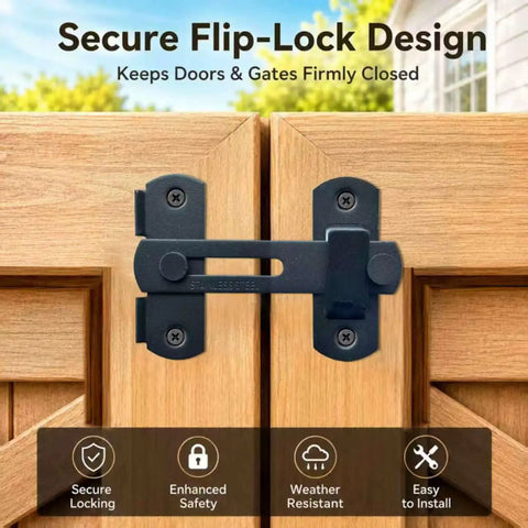 Hella Durable 180 Degree Flip Barn Door Latch Pack Matte Black Stainless Steel Gate Lock installed on wooden doors.