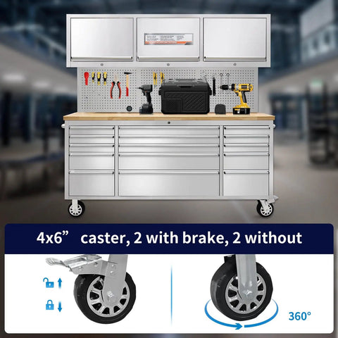 72 Inch Rolling Tool Chest With 15 Drawers And 3 Upper Cabinets Stainless Steel Pegboard Workbench Large Working Surface