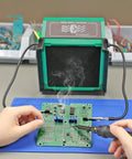 Person using Solder Fume Extractor With Tiltable Stand And Flexible Helping Hands, 8 Extra Filters, Smoke Absorber For Soldering And Wood Burning