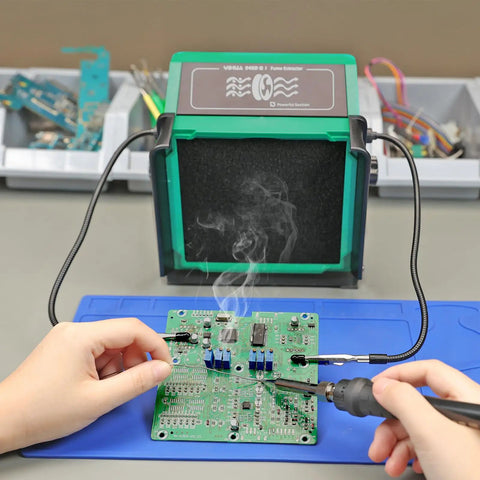 Person using Solder Fume Extractor With Tiltable Stand And Flexible Helping Hands, 8 Extra Filters, Smoke Absorber For Soldering And Wood Burning