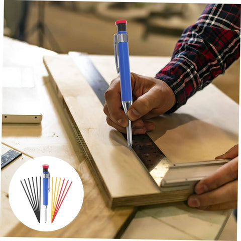 Solid Grip Mechanical Carpenter Pencil Set With Interchangeable Refills Featuring Wide Mouth Deep Hole Marker Heavy Duty Woodworking Gear For Framers Inspectors And Tradesmen Tight Fit Build Job Site Ready highlighting blue pencil marking on wood.