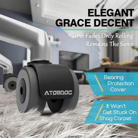 Ace Heavy Duty Office Chair Caster Wheels With Smooth Rolling Quadruple Ball Bearings And Floor Safe Hardwood Glide Easy No Sweat Quick Swap Universal Fit Set Of Five close-up on black polyurethane wheel with protection cover on shag carpet.