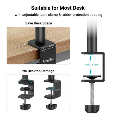 Desktop Camera Mount Stand 15 To 35 Inches adjustable tabletop light stand with C clamp for DSLR and ring lights, desk setup