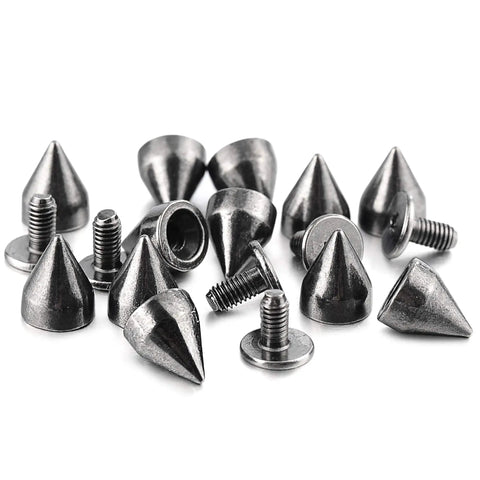 Heavy Duty 100 Piece Gunmetal Cone Spike And Rivet Screw Kit For Badass Leathercraft Diy Rockin Punk Style Clothing Shoe Belt Bag Adornments Solid Build Heavy Duty Fasteners, featuring zinc spikes and screws.