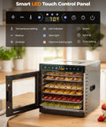 Straight Shooter 700 Watt Food Dehydrator With Eight Roomy Trays And Quick 360 Hot Air Circulation That Cranks Up To 212 Degrees Plus A No Mess Twenty Four Hour Timer For Fruit Jerky And Herbs with LED touch control panel and fruits.