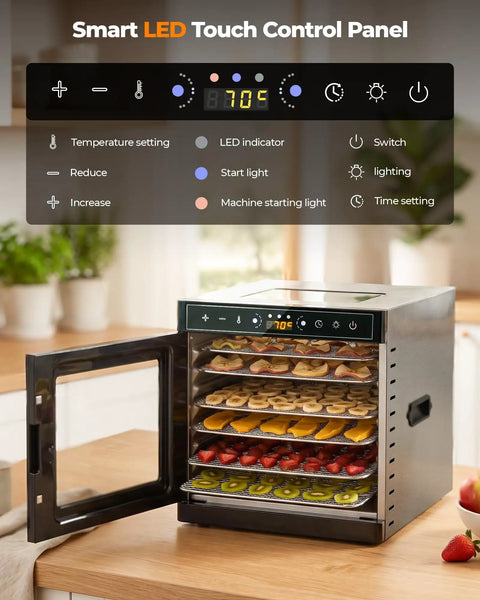 Straight Shooter 700 Watt Food Dehydrator With Eight Roomy Trays And Quick 360 Hot Air Circulation That Cranks Up To 212 Degrees Plus A No Mess Twenty Four Hour Timer For Fruit Jerky And Herbs with LED touch control panel and fruits.