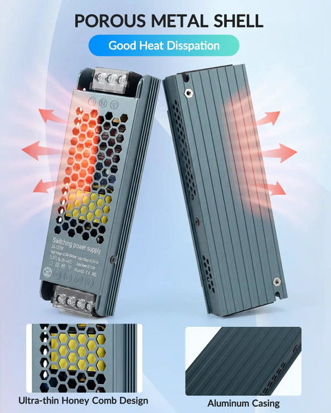 Tough As Nails Heavy Duty 120W 24V LED Power Supply Driver For Strip Lights CCTV Computers And Displays With 100-240V AC Input And 24V DC Output Aluminum Heat Sink For Solid Heat Dissipation IP20 Rated aluminum casing with honeycomb vents