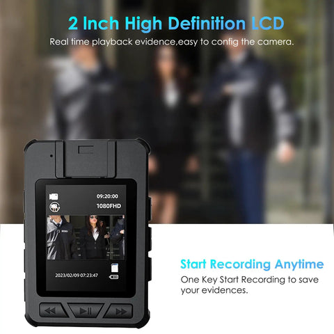 1080P HD Body Camera With Night Vision And Crisp Audio Capture, 2-inch LCD screen displaying footage, ideal for law enforcement.