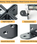 Heavy Duty Stainless Steel Corner Bracket showing right angle, thickened steel and smooth black finish for Rock Solid Four Piece L Angle Brackets.