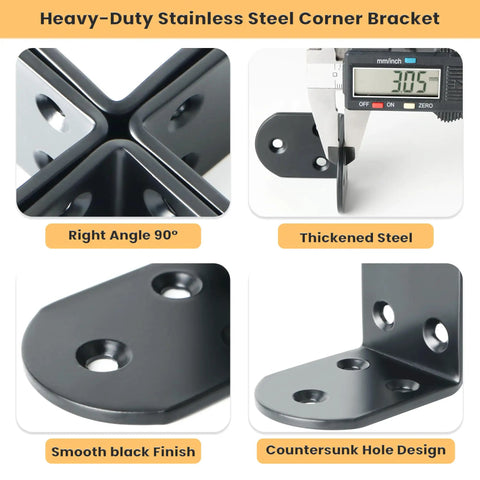 Heavy Duty Stainless Steel Corner Bracket showing right angle, thickened steel and smooth black finish for Rock Solid Four Piece L Angle Brackets.