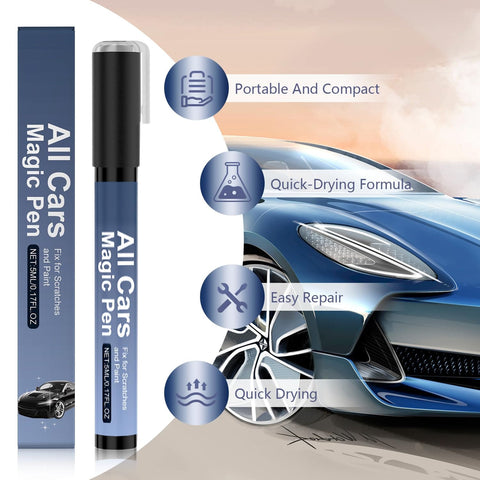 Image of Go To Magic Pen Scratch Remover For Cars beside a blue sports car with icons highlighting features like quick-drying and easy repair.