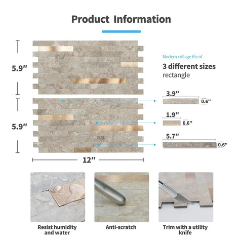 Product dimensions and features of Peel And Stick Collage Tile Set For Kitchen Backsplash 20 Sheets Ecru Slate Look Waterproof PVC Composite Laminate