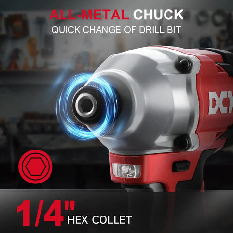 Beast Of A 20V Max Brushless Cordless Impact Driver Kit With 1600 InLb Torque showing all-metal chuck and 1/4 inch hex collet