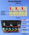 Wiring diagram for Marine 6 Gang Rocker Switch Panel Waterproof Aluminum Mount with labeled connections