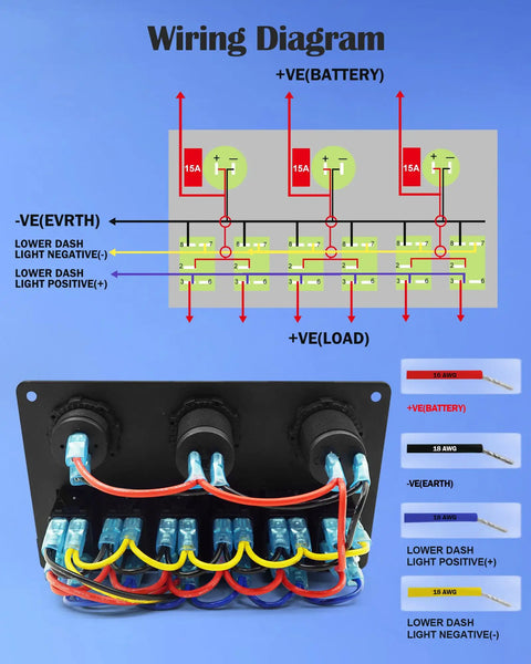 Wiring diagram for Marine 6 Gang Rocker Switch Panel Waterproof Aluminum Mount with labeled connections