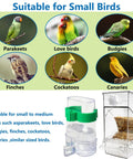 Hassle Free Bird Feeder And Water Dispenser Set Featuring Clear Acrylic Jar and Secure Perch for Parakeets, Budgies, and Lovebirds.
