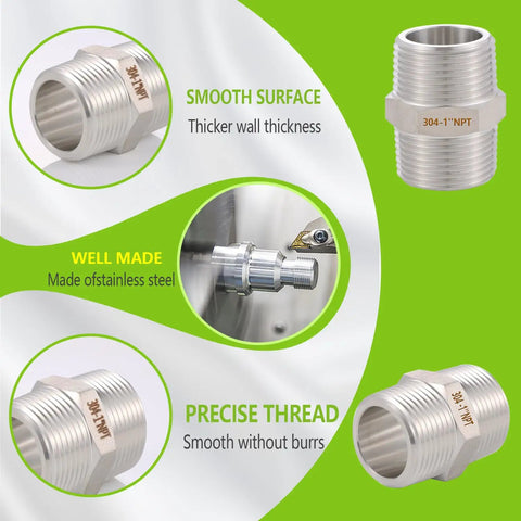 Diagram of Beefy Two Pack Hex Nipple 1 Inch by 1 Inch Male Pipe Fittings, 304 Stainless Steel with smooth surface and precise thread features