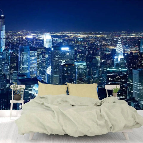Bedroom with 3D Removable Wallpaper Peel And Stick NYC Skyline Night View Wall Mural Dope Modern Decor, 144x100 inches