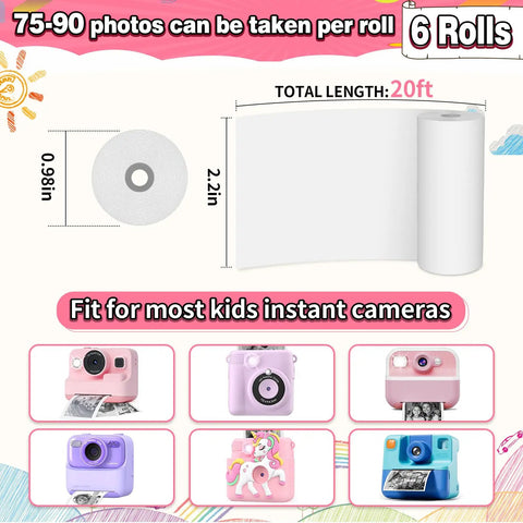 Kids Instant Camera Paper Refill Set 6 Thermal Printing Paper Rolls For Most Kid Cameras White Glossy Photo Paper 2.2in x 20ft
