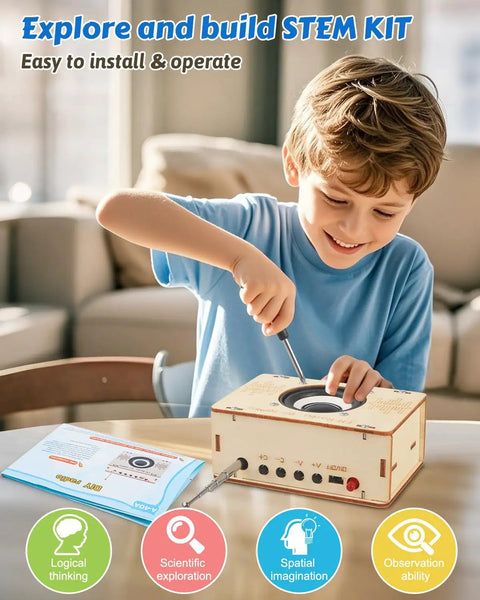 Boy assembling Hands On FM Radio Kit for Kids and Teens STEM Electronic DIY Experiment Kit on a table.