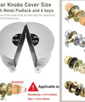 Lock Out Door Knob Device With Padlock For Round Doorknobs Keeps Them From Turning And Keyholes From Being Accessed Great For Privacy And Safety Stainless Steel Silver Finish, dimensions shown with various knob types.