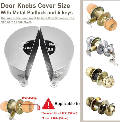 Lock Out Door Knob Device With Padlock For Round Doorknobs Keeps Them From Turning And Keyholes From Being Accessed Great For Privacy And Safety Stainless Steel Silver Finish, dimensions shown with various knob types.