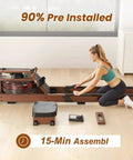 Woman assembling Water Rowing Machine For Home Gym With Wooden Frame And 400 Lbs Capacity, Bluetooth App Connectivity
