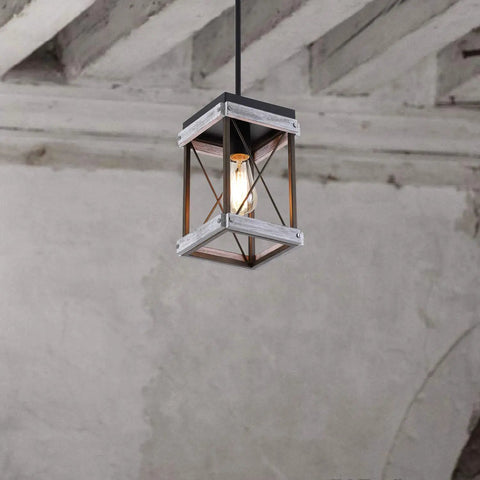 Rustic Farmhouse Wood Pendant Light With Metal Cage Shade One Light Adjustable Rods for kitchen island setting