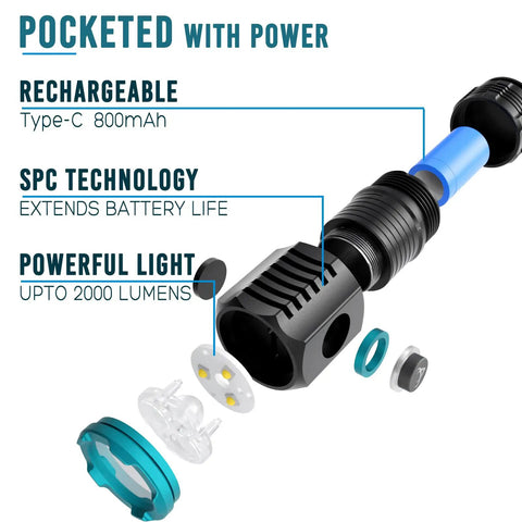 Beefy 2000 Lumens Type C Rechargeable Compact LED Flashlight exploded view with SPC technology and battery components