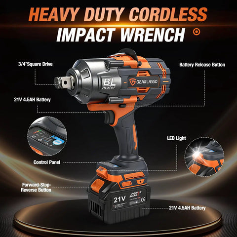 Heavy Duty Brushless Cordless Impact Wrench Delivering 1475 Ft Lbs Knockout Torque And 2000 Nm Beast Mode Power with battery and control panel.