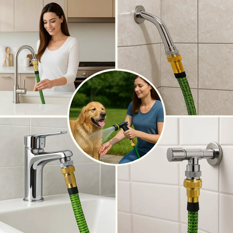 Heavy Duty 3 Piece Faucet Adapter Kit That Instantly Connects Kitchen Sink To Garden Hose Universal Bathroom Shower Converter in use.