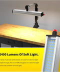 24W LED Work Light With 20 Inch Long Arm, Aluminum Alloy Housing, installed on workshop table, showing LED beads