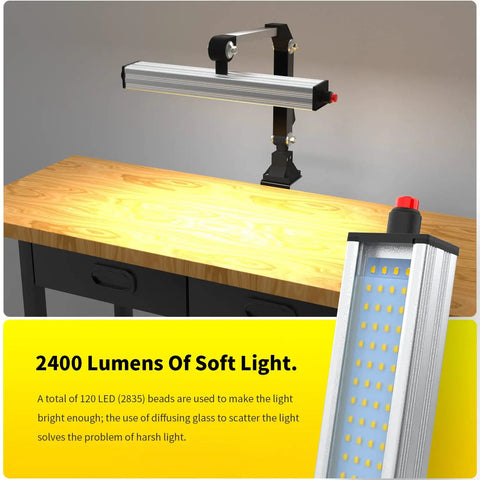 24W LED Work Light With 20 Inch Long Arm, Aluminum Alloy Housing, installed on workshop table, showing LED beads